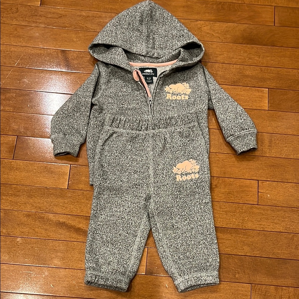 Roots Heathered Gray and Pink Baby Hoodie and Pants